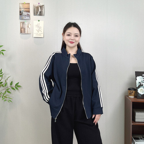大码休闲运动卫衣立领拉链外套女