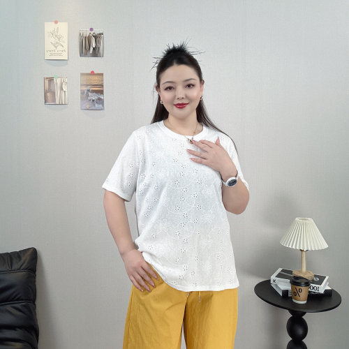 大码镂空钩花上衣白色短袖T恤女