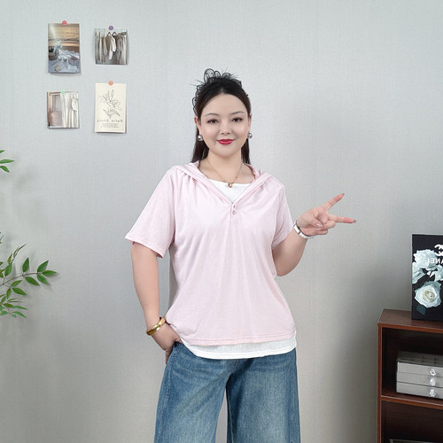 连帽假两件短袖T恤女夏大码上衣
