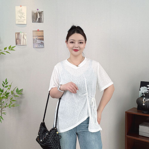 抽绳短袖T恤女大码垂感显瘦上衣