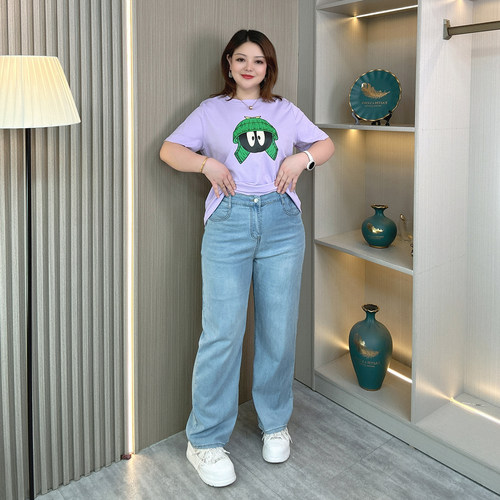 大码女装夏季薄款弹力直筒牛仔裤