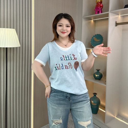 大码女装夏季薄款假两件针织T恤