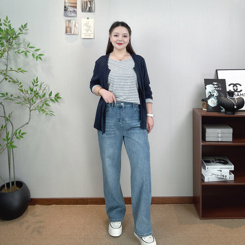 高腰直筒牛仔裤女大码休闲阔腿裤