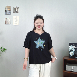 大码女夏装薄款黑色五角星印花短袖T恤宽松显瘦减龄休闲百搭上衣
