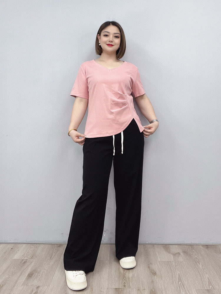 뚱뚱한 여성용 플러스 사이즈 여성 여름 신작 불규칙 어깨 반팔 티셔츠 슬리밍 배 커버 V 넥 올 매치 탑