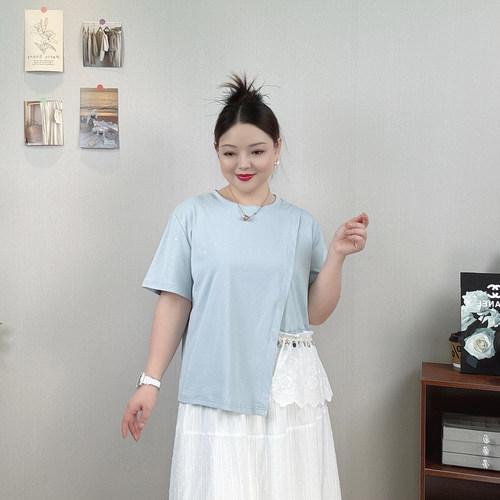 蕾丝拼接大码短袖T恤女夏装上衣