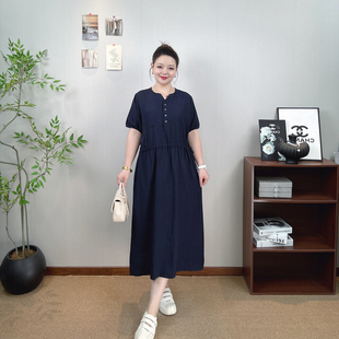 大码女装韩版通勤短袖连衣裙女夏宽松显瘦气质收腰抽绳A字中长裙