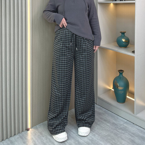 大码胖mm春秋冬格子加绒直筒裤子