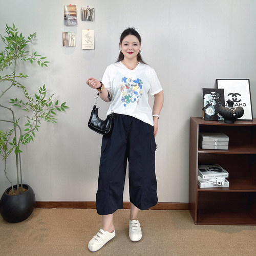 大码七分阔腿裤女休闲直筒工装裤
