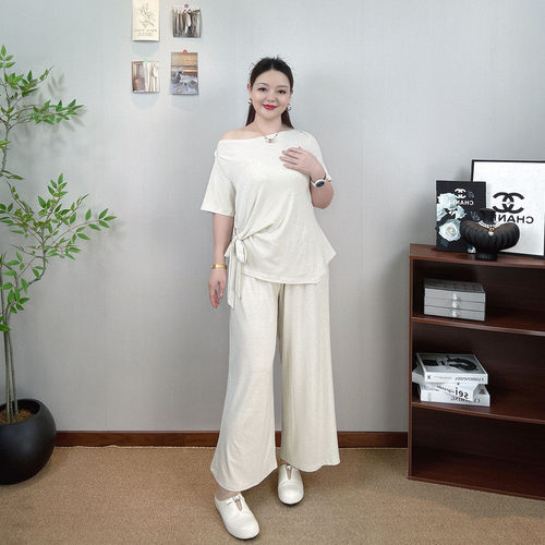高级感时尚套装女夏大码宽松显瘦系带短袖T恤垂感阔腿裤子两件套