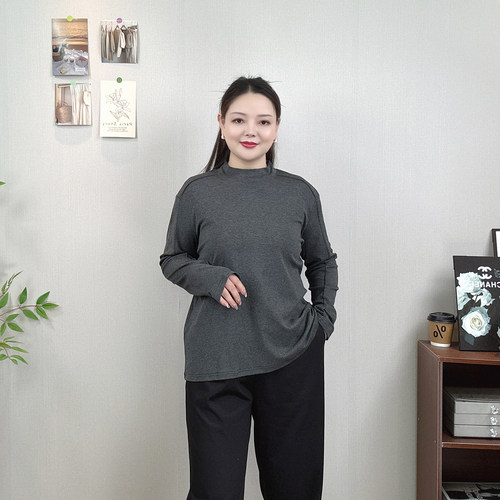 大码磨毛半高领长袖T恤女打底衫