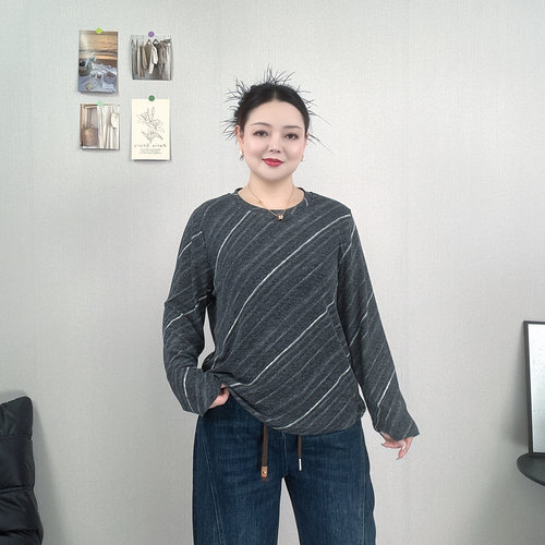 复古条纹长袖T恤女大码内搭上衣