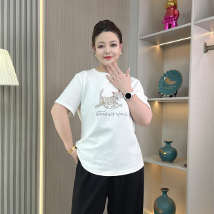 新款 女装 休闲时尚 卡通印花T恤大码 宽松显瘦内搭上衣 白色短袖 夏季