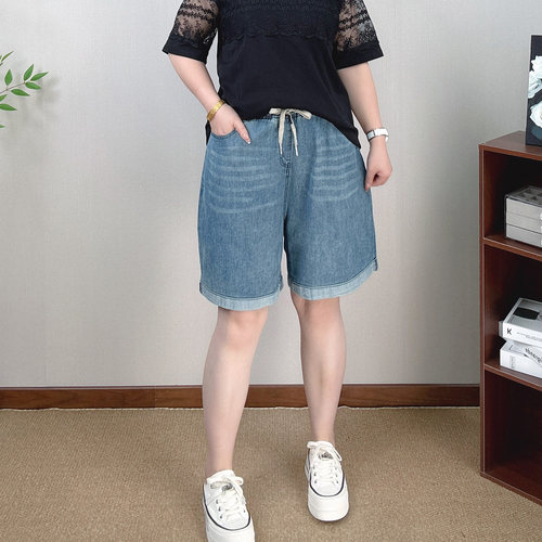 大码复古高腰牛仔短裤女夏五分裤