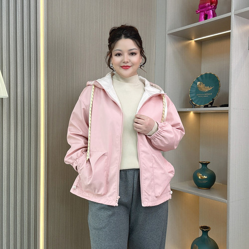 大码女装秋季新宽松连帽防风外套