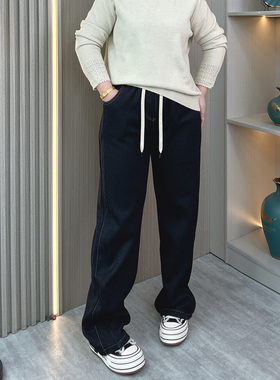 深蓝色加绒加厚阔腿牛仔裤女冬季新款胖mm大码高腰宽松显瘦弯刀裤