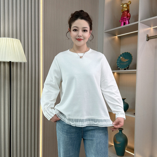 蕾丝拼接打底衫 大码 春季 长袖 上衣宽松显瘦时髦假两件正肩卫衣 女装