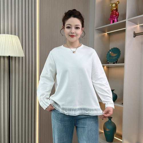 大码长袖蕾丝拼接打底衫女装卫衣