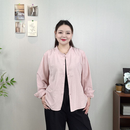 大码花边领木耳边长袖衬衫女上衣