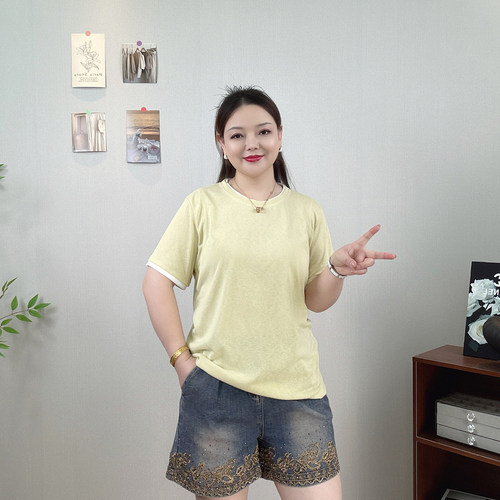 薄款短袖T恤女大码褶皱正肩上衣
