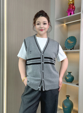 学院风V领撞色条纹针织马甲女春装大码胖MM宽松显瘦叠穿减龄背心