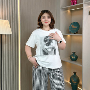 新款 微胖mm夏季 宽松减龄显瘦正肩圆领印花上衣 T恤女大码 纯棉短袖