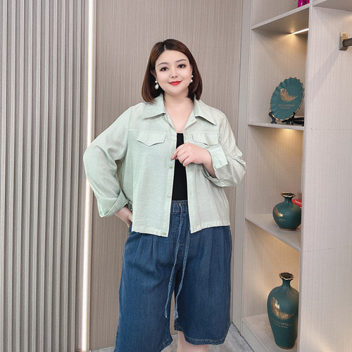 胖mm夏季大码轻薄长袖衬衫女显瘦