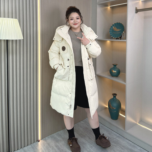 2025新款冬装中长款羽绒服女大码胖mm宽松连帽白鸭绒加厚保暖外套