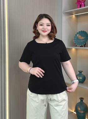 大码黑色正肩方领短袖t恤女夏季不规则纯棉微胖mm遮肚子宽松上衣