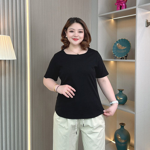 大码正肩方领纯棉短袖t恤女夏季