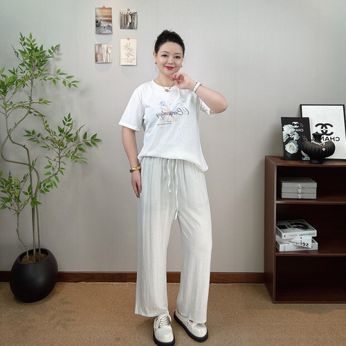 薄款亚麻阔腿裤女大码休闲九分裤