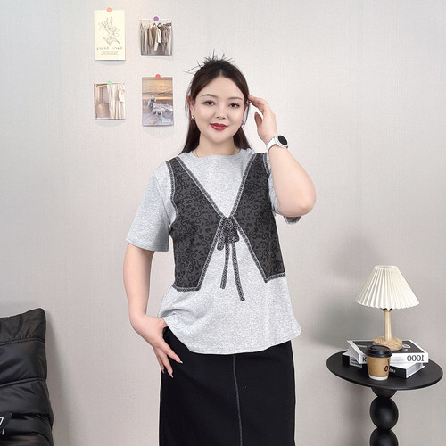 假两件印花短袖T恤女夏大码上衣