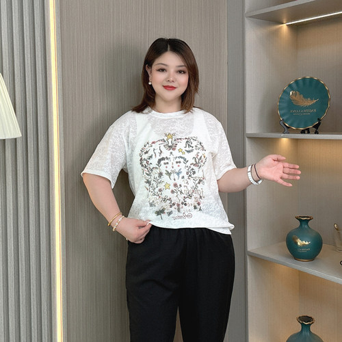 大码微胖mm200斤蕾丝提花短袖T恤