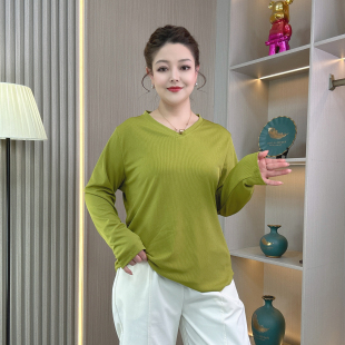长袖 胖mm宽松显瘦V领百搭打底衫 T恤女装 新品 弧形休闲上衣 春季 大码