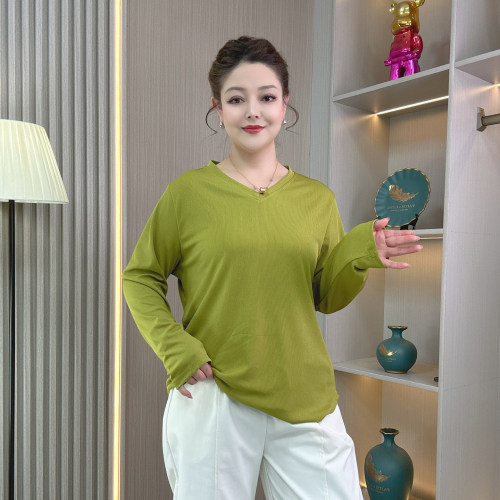 大码长袖T恤女打底弧形休闲上衣
