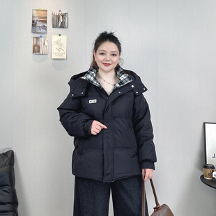 大码白鸭绒羽绒服女2026冬装中长款连帽撞色宽松显瘦胖MM加厚外套