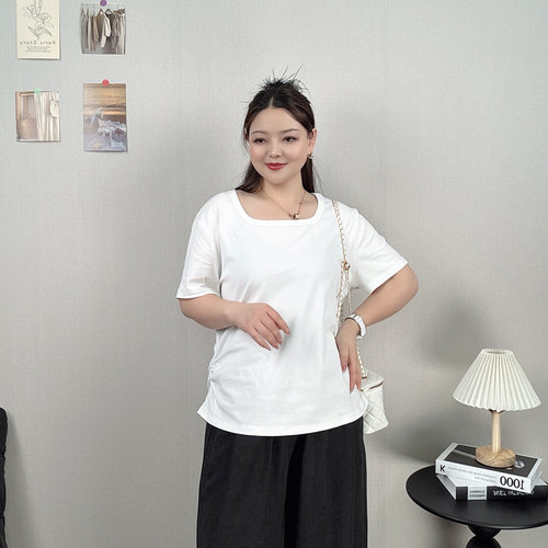 大码方领短袖T恤女褶皱休闲上衣