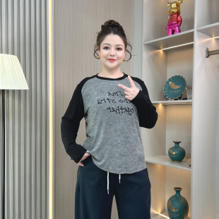女装 T恤显瘦宽松百搭打底衫 胖mm秋冬季 撞色字母长袖 上衣 新款 大码
