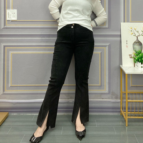开叉黑色牛仔裤女大码春秋季显瘦高腰微喇叭直筒宽松拖地阔腿裤子