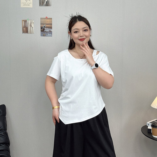 大码休闲不规则露肩短袖T恤女夏