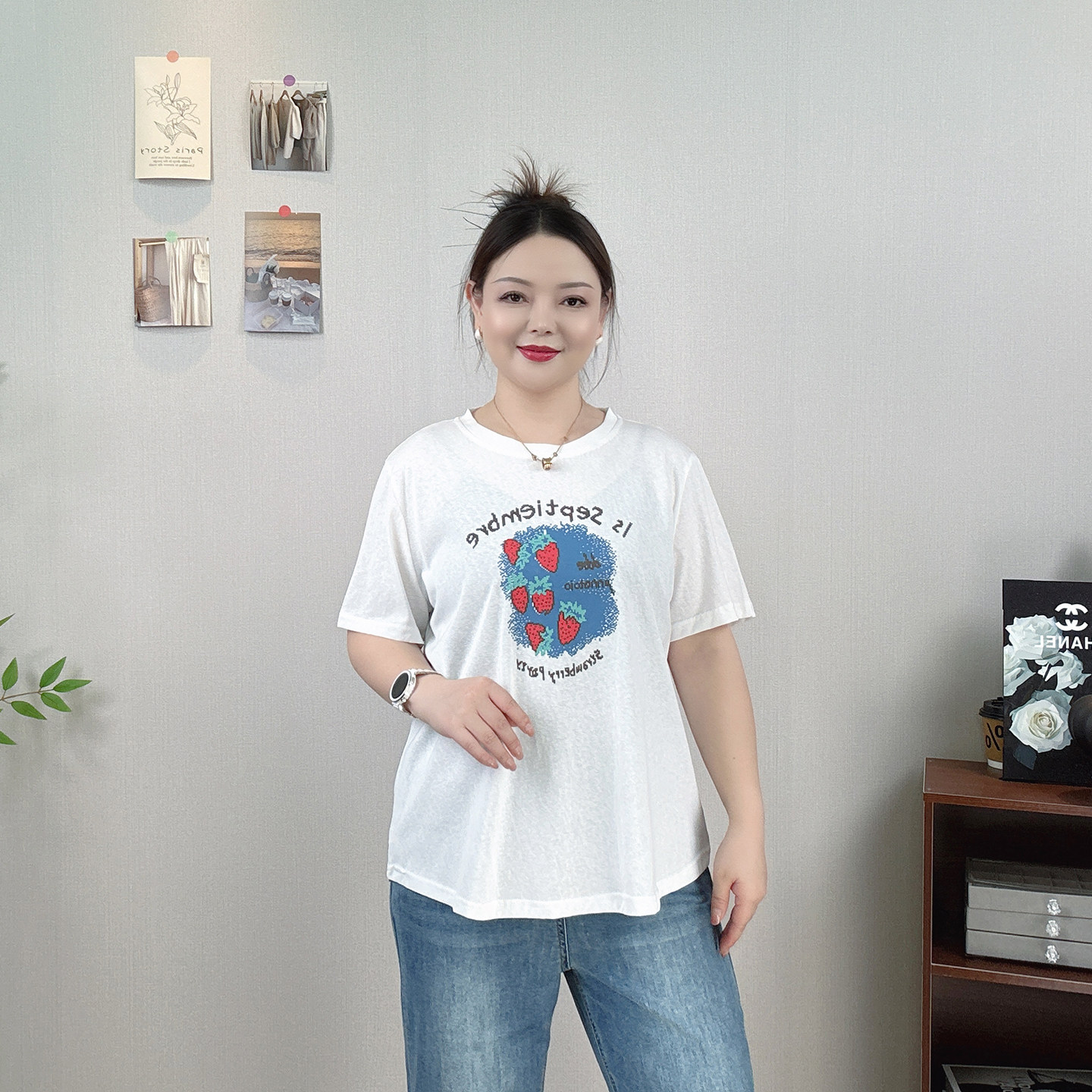 夏季薄款草莓印花短袖T恤女大码微胖mm宽松显瘦百搭休闲正肩上衣