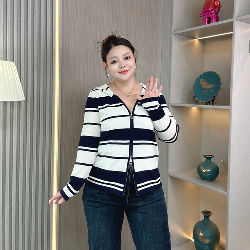 大码胖mm双拉链连帽针织衫卫衣