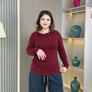 长袖 设计感一字肩内搭打底衫 T恤女秋季 胖mm大码 上衣 新款 荡领修身