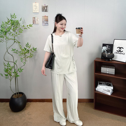 大码短袖T恤女薄款阔腿裤两件套