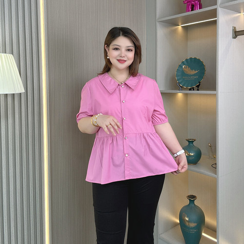 大码女装收腰短袖衬衫夏季显瘦