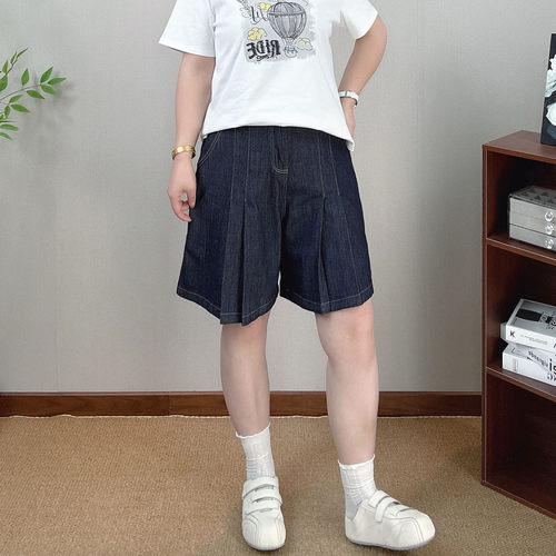 松紧腰百褶牛仔短裤女休闲五分裤