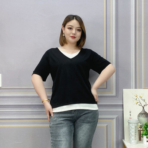 冰丝针织薄款假两件T恤女上衣