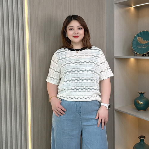 大码夏新款条纹蕾丝花边短袖T恤