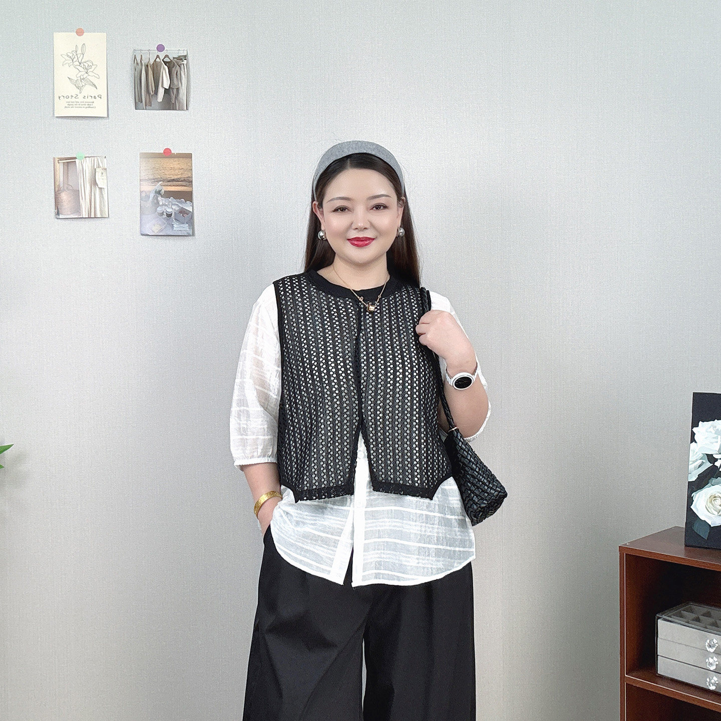 假两件网纱拼接泡泡袖衬衫女大码图片