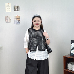 假两件网纱拼接马甲泡泡袖套头衬衫女大码显瘦遮肉高级感减龄上衣